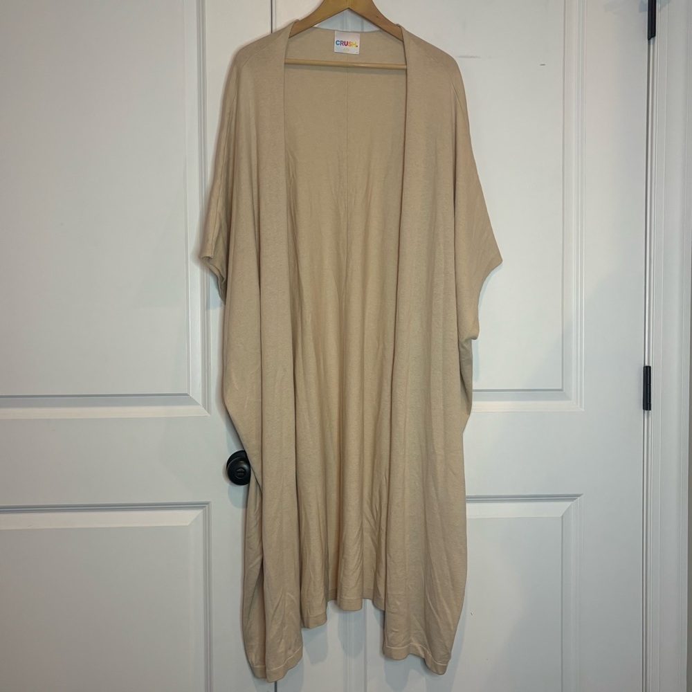 Crush Oatmeal Tan Cotton Silk Cashmere Open Front Long Kimono Cardigan O/S